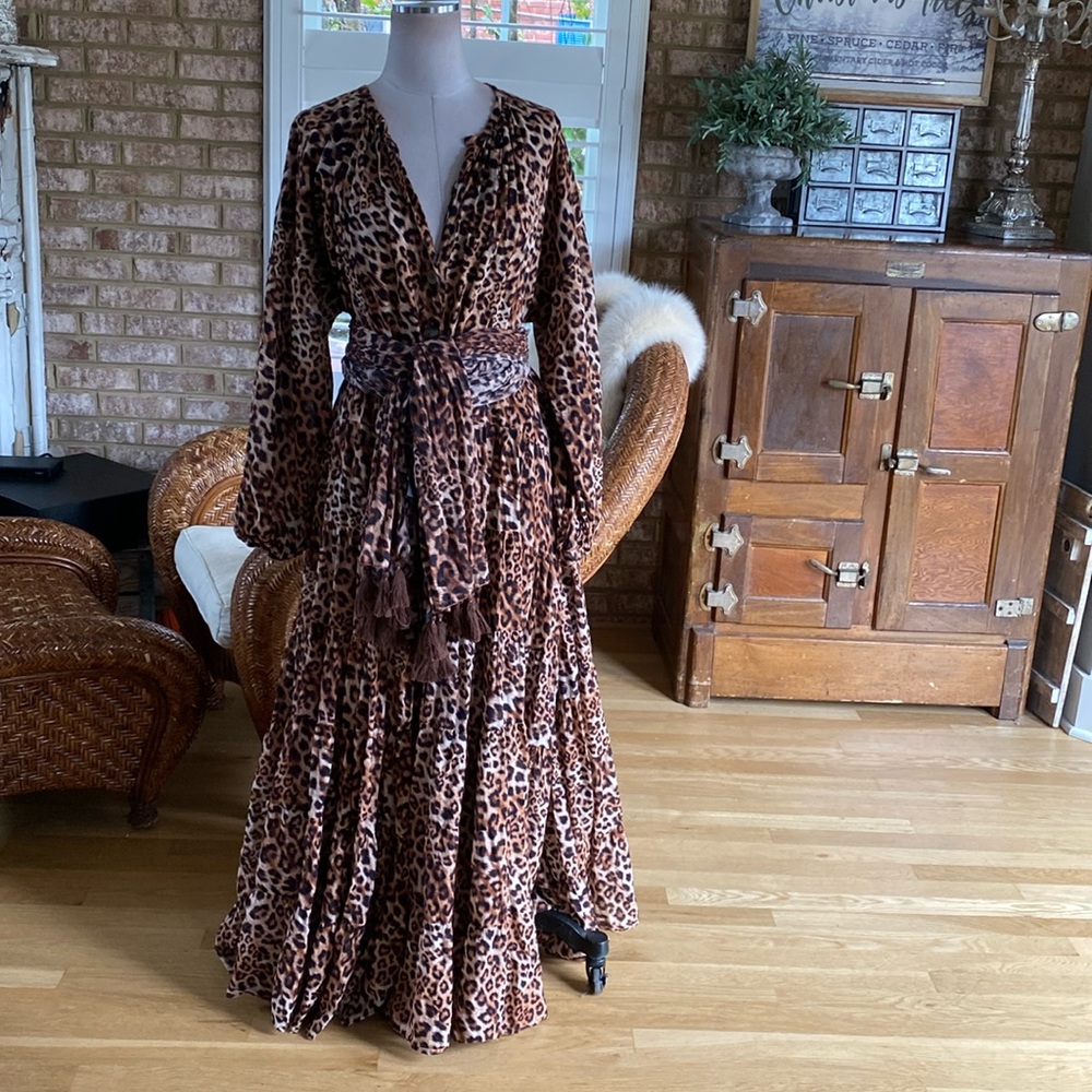 ERIKA PENA LUXURY DESIGNER LEOPARD PRINT LONG SLEEVE BELTED DRESS MAXI ONE SIZE